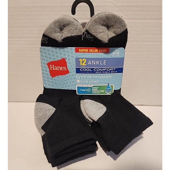 12 pair HANES Men's Cushioned lightweight mesh Cool Comfort Ankle Socks Black - Picture 1 of 3